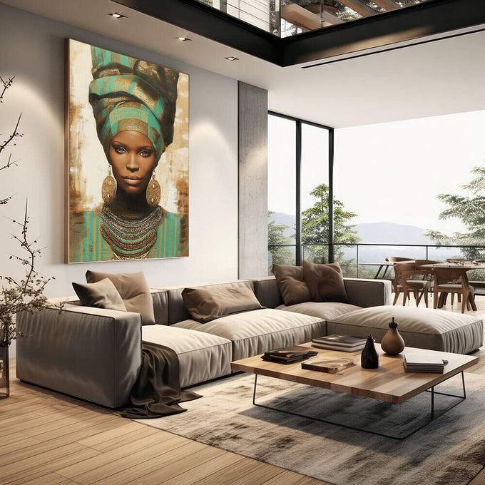 Quadro Decorativo Feminino Empoderado em Cores | quadros decorativos | Mulher africana com turbante verde e dourado, olhar intenso, joia no pescoço, fundo envelhecido em tons quentes | em Quadros para Escritorio | Porao dos Quadros