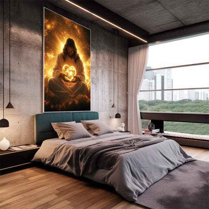Quadro Decorativo Religioso - Luz e Amor Divinos | quadros decorativos | Figura divina em contemplação com luz dourada radiante envolvendo-a, composição realista e espiritual. | em Quadros para Escritorio | Porao dos Quadros