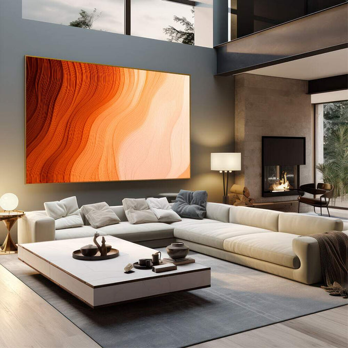 Quadro Decorativo Fluir do Pôr do Sol | quadros decorativos | Padrão abstrato de ondas fluidas em tons de laranja, bege e creme com movimento suave | em Quadros para Escritorio | Porao dos Quadros