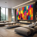 Quadro Decorativo Movimento Vibrante | quadros decorativos | Três painéis com círculos abstratos coloridos em tons vibrantes de amarelo, vermelho, azul, magenta e verde sobrepostos. | em Quadros para Escritorio | Porao dos Quadros