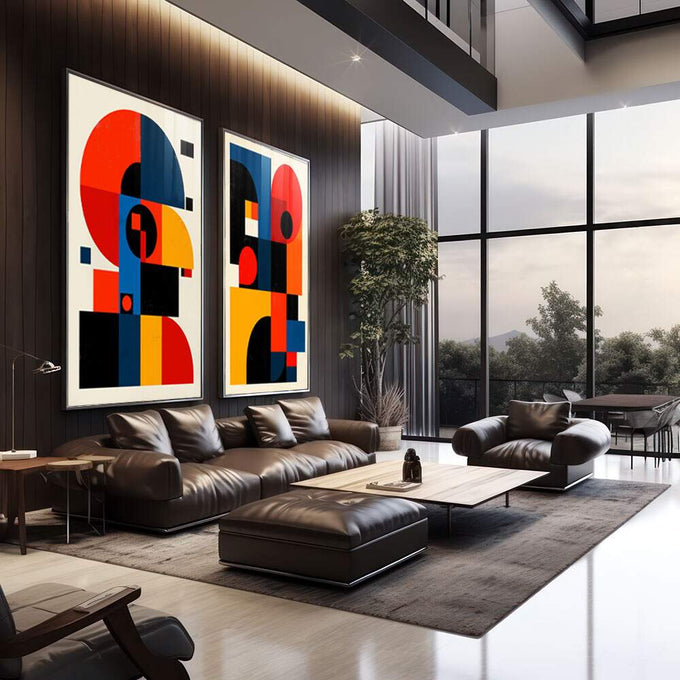 Quadro Decorativo Abstrato Energizante | quadros decorativos | Duas composições abstratas geométricas com círculos, retângulos em vermelho, azul, amarelo e preto | em Quadros para Escritorio | Porao dos Quadros