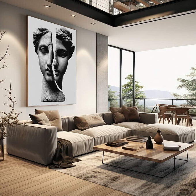 Quadro Decorativo: Reflexão de Beleza Clássica | quadros decorativos | Escultura clássica dupla em preto e branco com linha central divisória | em Quadros para Escritorio | Porao dos Quadros