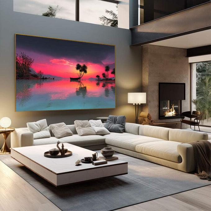 Quadro Decorativo Pôr do Sol Sereno | quadros decorativos | Pôr do sol tropical com barco de madeira e refletidos em água calma | em Quadros para Quarto | Porao dos Quadros