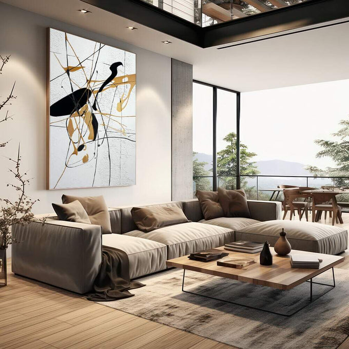 Quadro Decorativo Traços de Ouro | quadros decorativos | Composição abstrata com formas preto e dourado entrelaçadas em linhas geométricas dinâmicas. | em Quadros para Escritorio | Porao dos Quadros