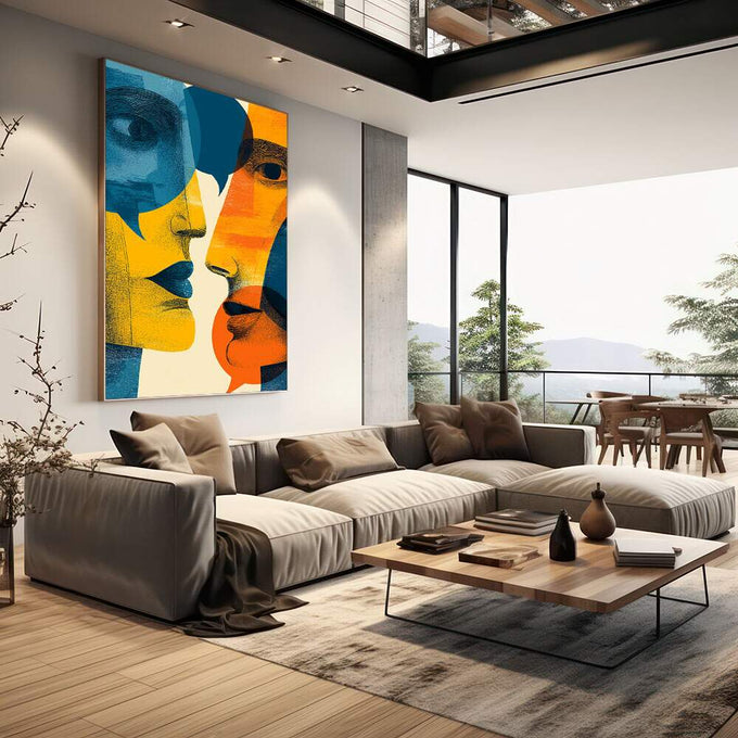 Quadro Decorativo Conexão Vibrante | quadros decorativos | Três rostos abstratos sobrepostos em azul, laranja, amarelo e branco em composição geométrica moderna | em Quadros para Escritorio | Porao dos Quadros