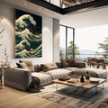 Quadro Decorativo Abstrato Onda de Impacto | quadros decorativos | Grande onda azul e dourada com espuma branca e Monte Fuji ao fundo em composição dramática | em Quadros para Escritorio | Porao dos Quadros
