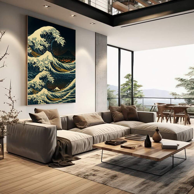 Quadro Decorativo Abstrato Onda de Impacto | quadros decorativos | Grande onda azul e dourada com espuma branca e Monte Fuji ao fundo em composição dramática | em Quadros para Escritorio | Porao dos Quadros