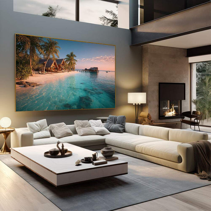 Quadro Decorativo Tropical Sereno | quadros decorativos | Praia tropical com casa de madeira e palmeiras ao entardecer com água turquesa cristalina | em Quadros para Escritorio | Porao dos Quadros
