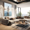 Jesus de túnica branca caminhando de costas sobre o mar calmo azul, quadro decorativo