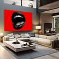 Quadro Decorativo Boca Glamourosa | quadros decorativos | Boca aberta com lábios pretos e dentes brancos sobre fundo vermelho vibrante em pop art. | em Quadros para Escritorio | Porao dos Quadros