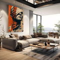 Rosto de escultura clássica vendado com tecido em estilo pop art retícula laranja e bege, quadro decorativo