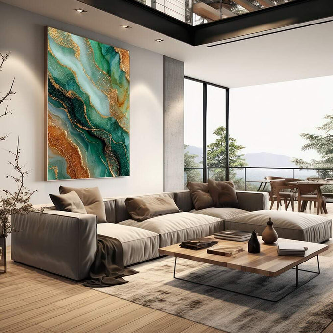 Quadro Decorativo Fluidez Abstrata | quadros decorativos | Abstrato geológico em verde profundo, dourado luminoso e detalhes brilhantes em composição fluida | em Quadros para Escritorio | Porao dos Quadros