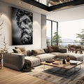 Quadro Decorativo Busto Clássico Preto e Branco | quadros decorativos | Busto clássico em preto e branco com detalhes de barba encaracolada e feições nobres em iluminação teatral. | em Quadros para Escritorio | Porao dos Quadros
