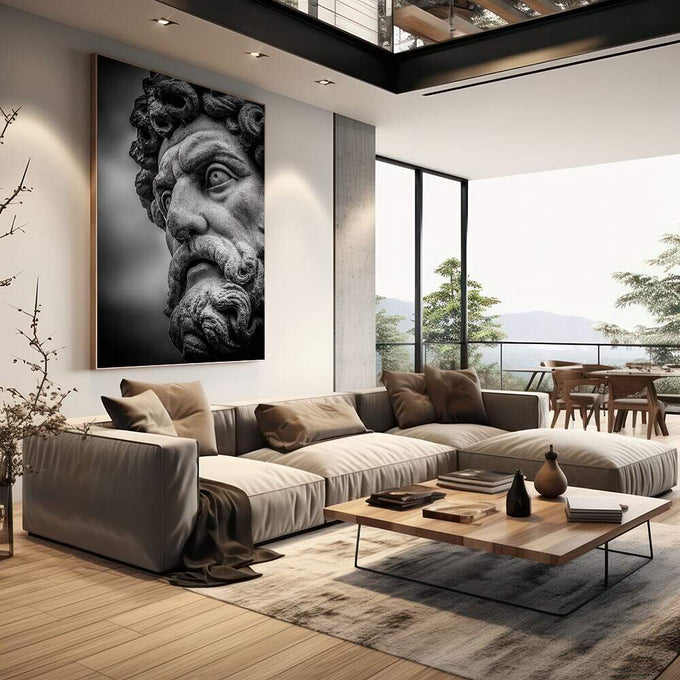 Quadro Decorativo Busto Clássico Preto e Branco | quadros decorativos | Busto clássico em preto e branco com detalhes de barba encaracolada e feições nobres em iluminação teatral. | em Quadros para Escritorio | Porao dos Quadros