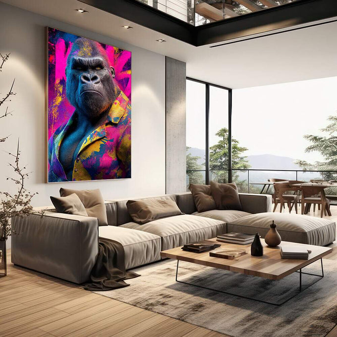 Quadro Decorativo Gorila Estilizado | quadros decorativos | Macaco em cores vibrantes rosa, azul e ouro com estilo abstrato expressivo | em Quadros para Escritorio | Porao dos Quadros