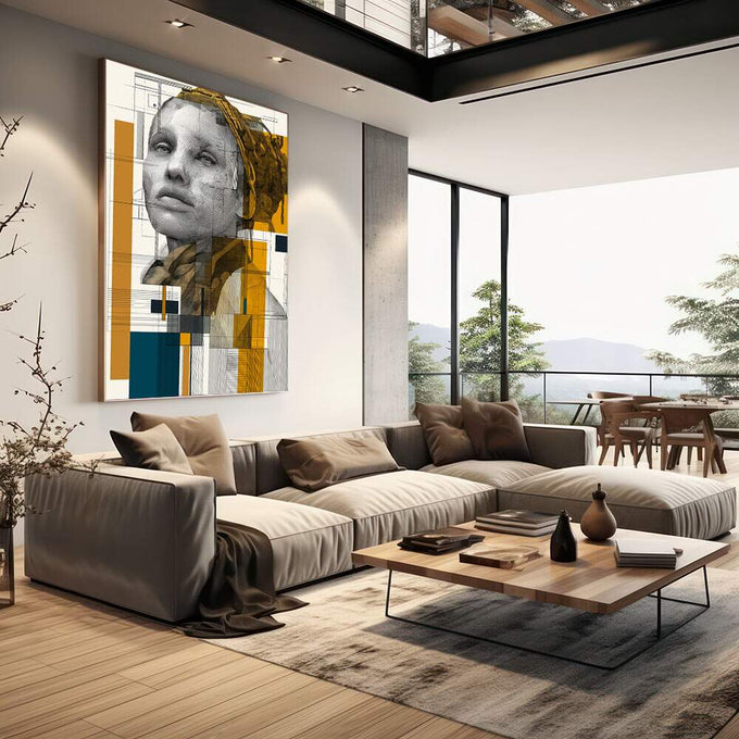 Quadro Decorativo - Retrato Feminino Luz e Reflexão | quadros decorativos | Retrato feminino geométrico em amarelo, preto e branco com linhas arquitetônicas | em Quadros para Escritorio | Porao dos Quadros