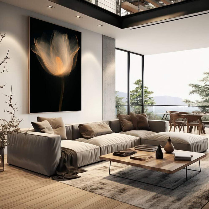 Quadro Decorativo Flor Etérea em Fundo Negro | quadros decorativos | Tulipa dourada luminosa com pétalas translúcidas sobre fundo preto profundo | em Quadros para Escritorio | Porao dos Quadros