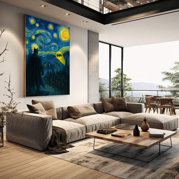 Quadro Decorativo Batman sob o Céu Estrelado | quadros decorativos | Batman observando Gotham sob céu noturno em azul com estrelas e símbolo iluminado | em Quadros para Escritorio | Porao dos Quadros