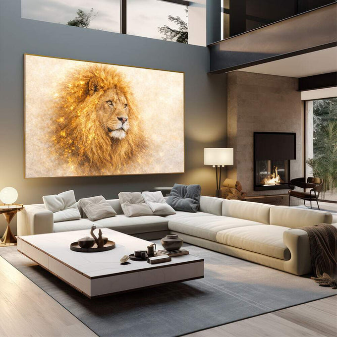 Quadro Decorativo Leão Majestoso | quadros decorativos | Leão majestoso em tons dourados e aquarela com crina fluida e olhar penetrante. | em Quadros para Escritorio | Porao dos Quadros