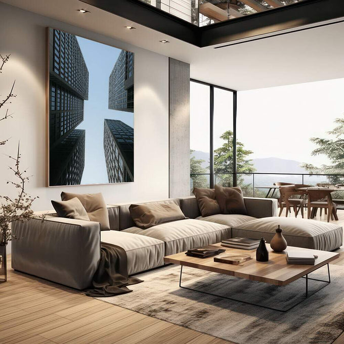 Quadro Decorativo Visões de Arranha-Céus | quadros decorativos | Perspectiva de edifícios urbanos em vidro e concreto convergindo para céu azul claro | em Quadros para Escritorio | Porao dos Quadros