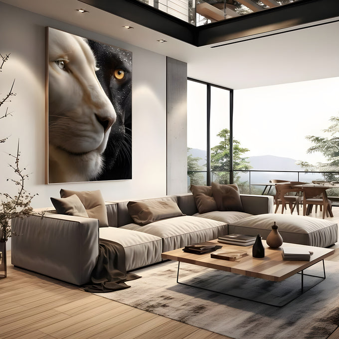 Rosto dividido entre leão branco e pantera negra com olho âmbar e gotas d'água, quadro decorativo
