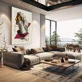 Quadro Busto Dourado - Elegância Clássica Moderna | quadros decorativos | Busto clássico com máscara dourada, triângulos geométricos em bordô e linhas abstratas em composição vertical refinada. | em Quadros para Escritorio | Porao dos Quadros