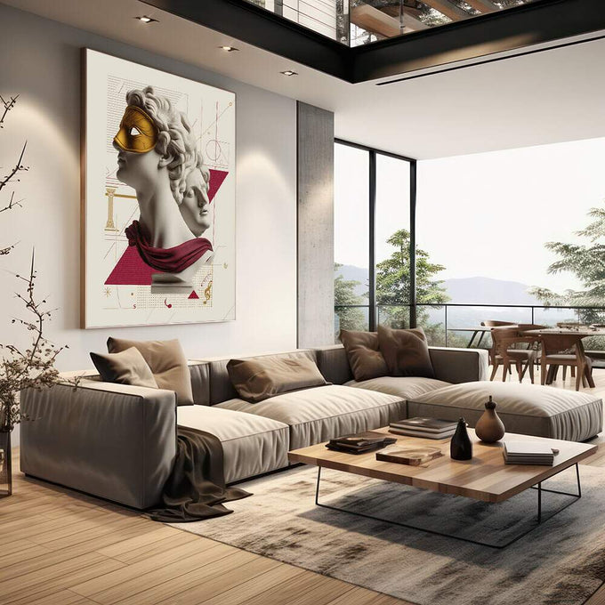 Quadro Busto Dourado - Elegância Clássica Moderna | quadros decorativos | Busto clássico com máscara dourada, triângulos geométricos em bordô e linhas abstratas em composição vertical refinada. | em Quadros para Escritorio | Porao dos Quadros
