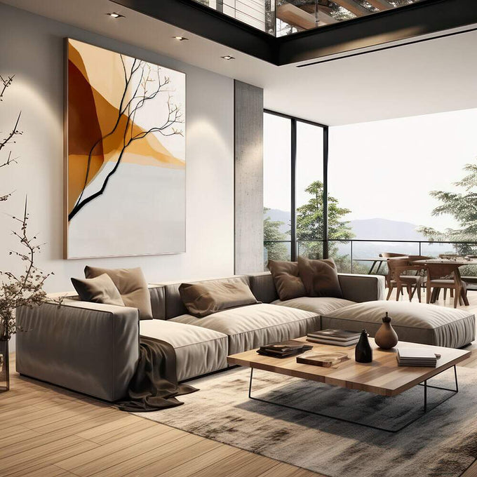 Quadro Decorativo Serenidade em Tons de Terra | quadros decorativos | Galho seco sinuoso com formas geométricas abstratas em tons bege, ocre e terracota | em Quadros para Escritorio | Porao dos Quadros