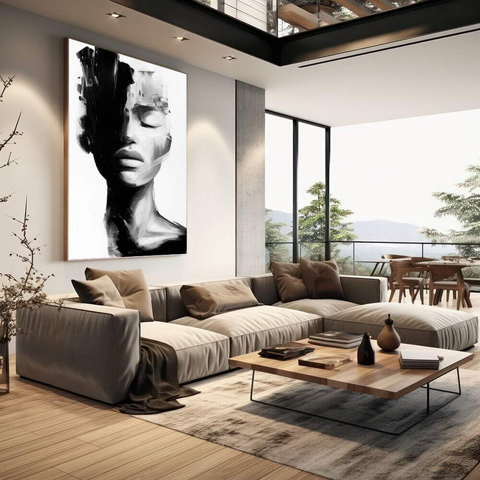 Quadro Decorativo Serenidade em Preto e Branco | quadros decorativos | Rosto em preto e branco com traços abstratos e gesto pictórico expressionista. | em Quadros para Escritorio | Porao dos Quadros