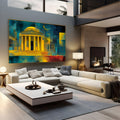 Templo grego com colunas e cúpula em amarelo sobre fundo azul geométrico com lua, quadro decorativo