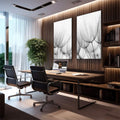 Quadro Decorativo Sinfonia da Natureza: Inspire-se! | quadros decorativos | Dente-de-leão em preto e branco com filamentos delicados em composição panorâmica | em Quadros para Escritorio | Porao dos Quadros