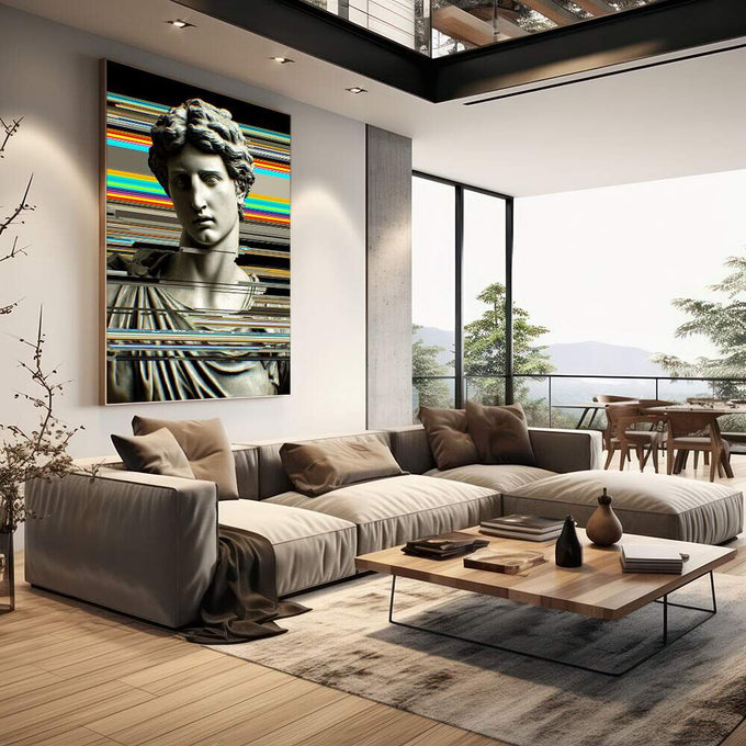 Quadro Decorativo Escultura Moderna | quadros decorativos | Busto clássico branco com efeito glitch digital em linhas coloridas turquesa, laranja e amarelo. | em Quadros para Escritorio | Porao dos Quadros