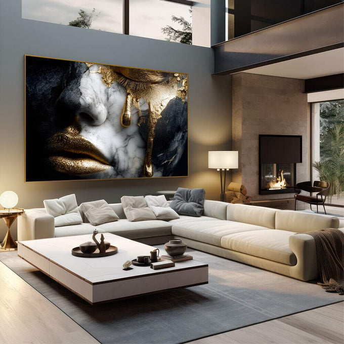 Quadro Decorativo Face Dourada Moderna | quadros decorativos | Rosto feminino em mármore branco com detalhes em ouro líquido, luz dramática e contraste profundo. | em Quadros para Escritorio | Porao dos Quadros