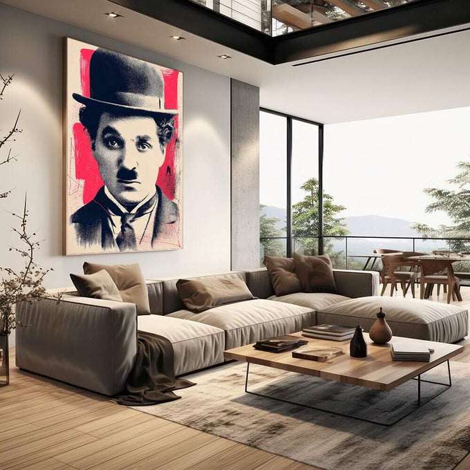 Quadro Decorativo Charlie Chaplin Moderno | quadros decorativos | Retrato com chapéu em preto e vermelho vibrante em estilo pop art urbano | em Quadros para Escritorio | Porao dos Quadros