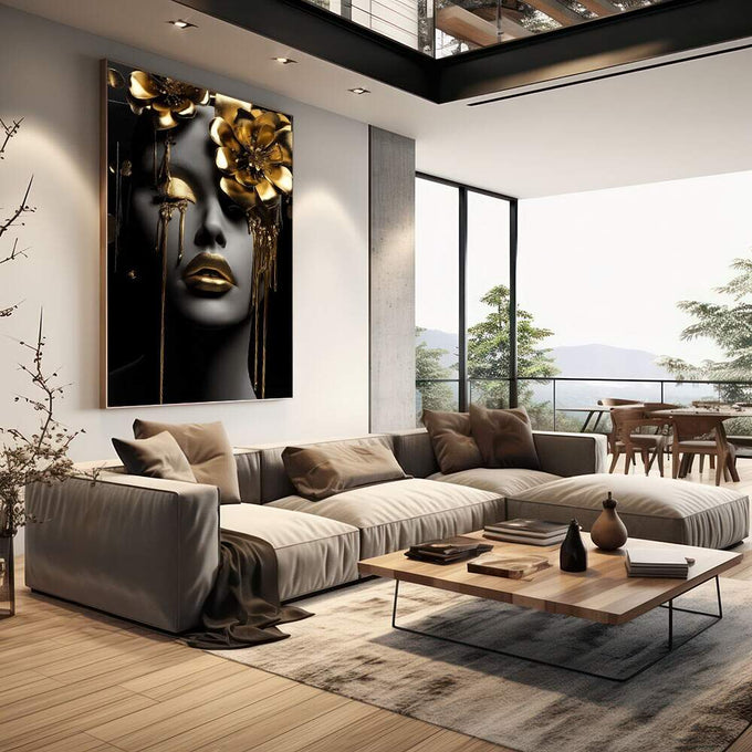 Quadro Decorativo Elegância Dourada | quadros decorativos | Mulher elegant em preto com flores douradas e joias, composição de luxo e sofisticação. | em Quadros para Escritorio | Porao dos Quadros