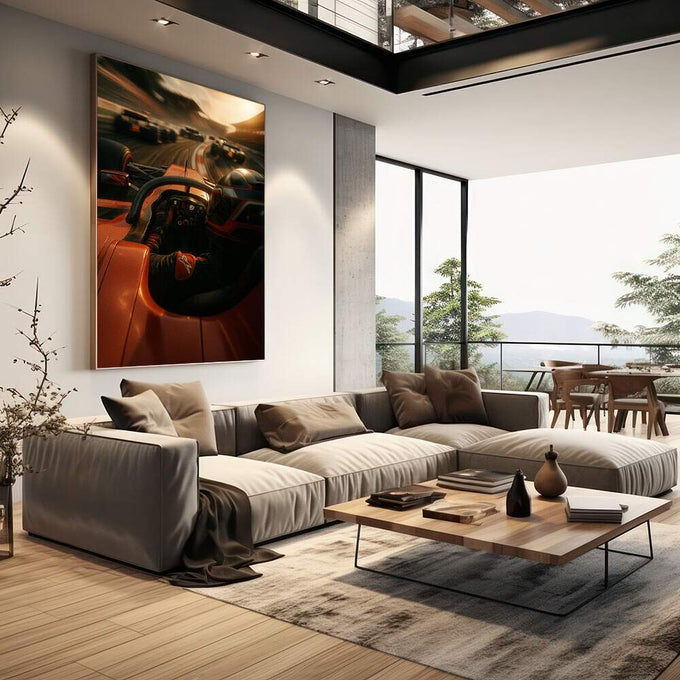 Quadro Decorativo Aventura em Alta Velocidade | quadros decorativos | Piloto acelerando supercarro vermelho na pista ao entardecer com sol dourado | em Quadros para Escritorio | Porao dos Quadros