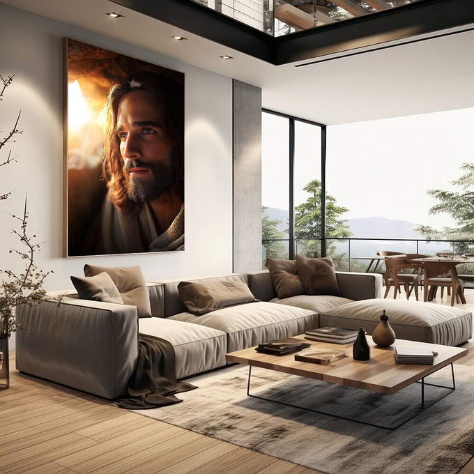 Quadro Decorativo Reflexão Serene | quadros decorativos | Retrato de homem com barba iluminado pela luz quente do entardecer em composição realista | em Quadros para Escritorio | Porao dos Quadros