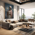 Quadro Decorativo Orixá Ewá: Força e Serenidade | quadros decorativos | Mulher afrodescendente com turbante e símbolos espirituais em fundo azul profundo. | em Quadros para Escritorio | Porao dos Quadros