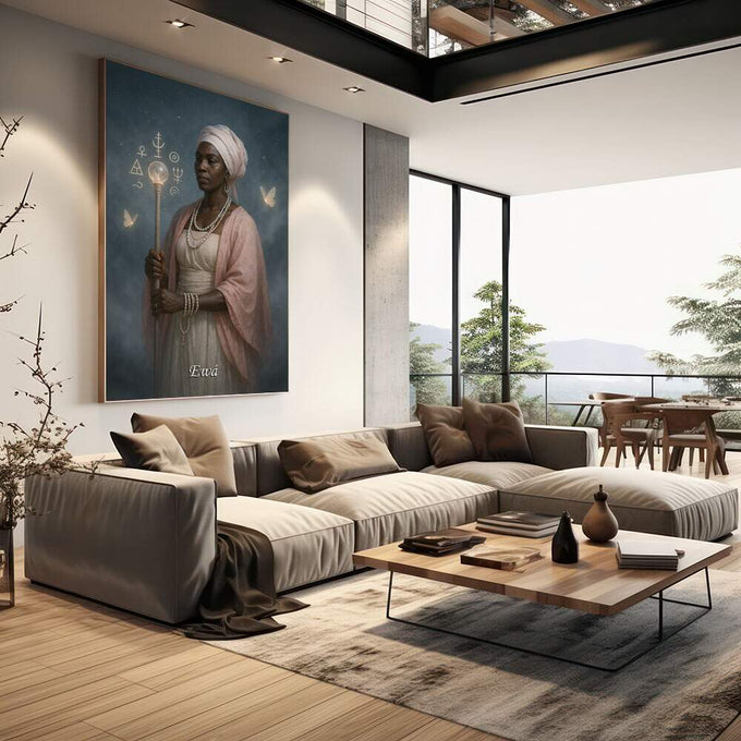 Quadro Decorativo Orixá Ewá: Força e Serenidade | quadros decorativos | Mulher afrodescendente com turbante e símbolos espirituais em fundo azul profundo. | em Quadros para Escritorio | Porao dos Quadros