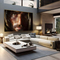 Close realista do rosto de Jesus com olhar intenso, barba e cabelos longos em luz e sombra, quadro decorativo