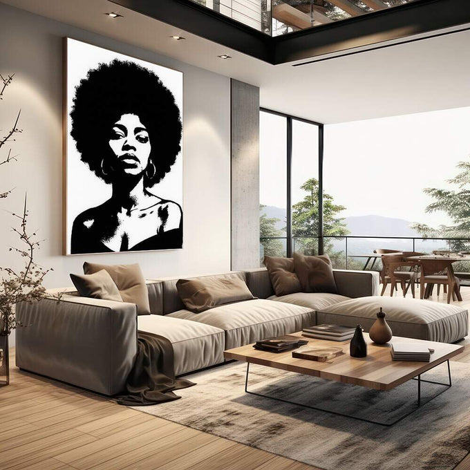 Quadro Decorativo Afro Elegância | quadros decorativos | Retrato de mulher com cabelo afro natural em preto e branco com alto contraste gráfico. | em Quadros para Escritorio | Porao dos Quadros