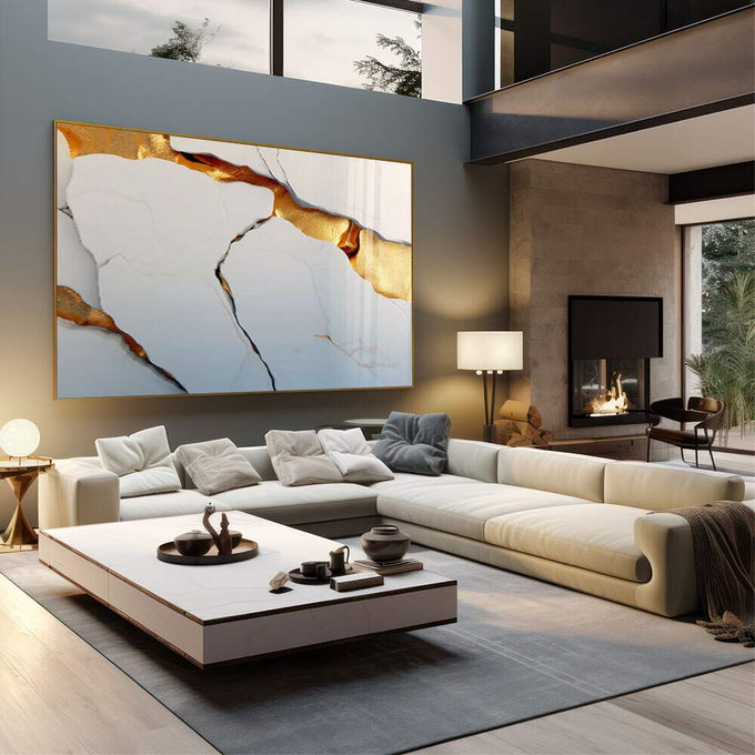Quadro Decorativo Elegância Abstrata em Dourado | quadros decorativos | Abstrato com veios dourados em fundos azuis e brancos, texturas minerais e composição sofisticada | em Quadros para Escritorio | Porao dos Quadros