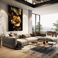 Quadro Decorativo Elegância Dourada Floral | quadros decorativos | Rosa dourada com borboleta em fundo preto, iluminada com luz radiante e partículas flutuantes | em Quadros para Escritorio | Porao dos Quadros