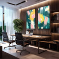 Quadro Decorativo Pincelada - Harmonia de Cores em Verde, Rosa e Amarelo | quadros decorativos | Dois quadros abstratos com pinceladas geométricas em verde, rosa, amarelo e branco em composição dinâmica | em Quadros para Escritorio | Porao dos Quadros