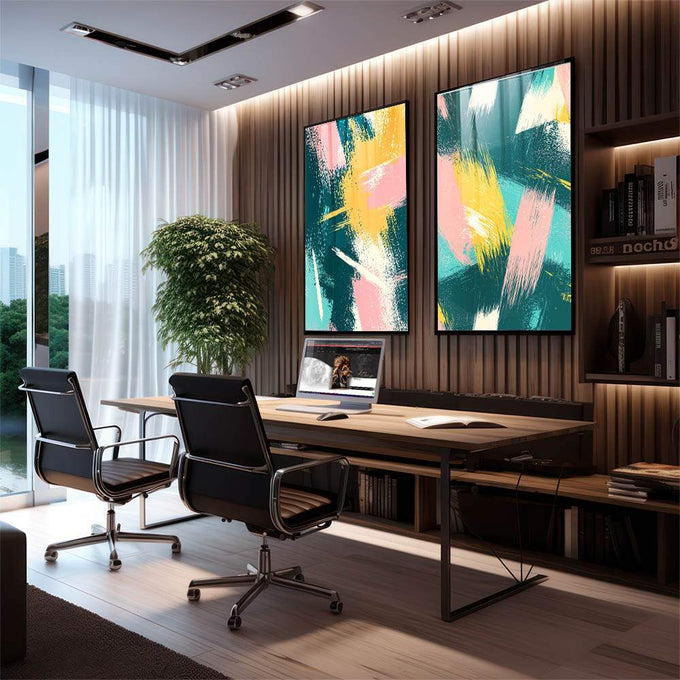 Quadro Decorativo Pincelada - Harmonia de Cores em Verde, Rosa e Amarelo | quadros decorativos | Dois quadros abstratos com pinceladas geométricas em verde, rosa, amarelo e branco em composição dinâmica | em Quadros para Escritorio | Porao dos Quadros