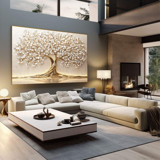 Quadro Decorativo Elegância da Vida Dourada | quadros decorativos | Árvore com tronco dourado retorcido e flores brancas abundantes em composição refinada | em Quadros para Escritorio | Porao dos Quadros