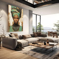 Mulher negra africana com turbante verde e dourado, brincos e colares de contas, quadro decorativo