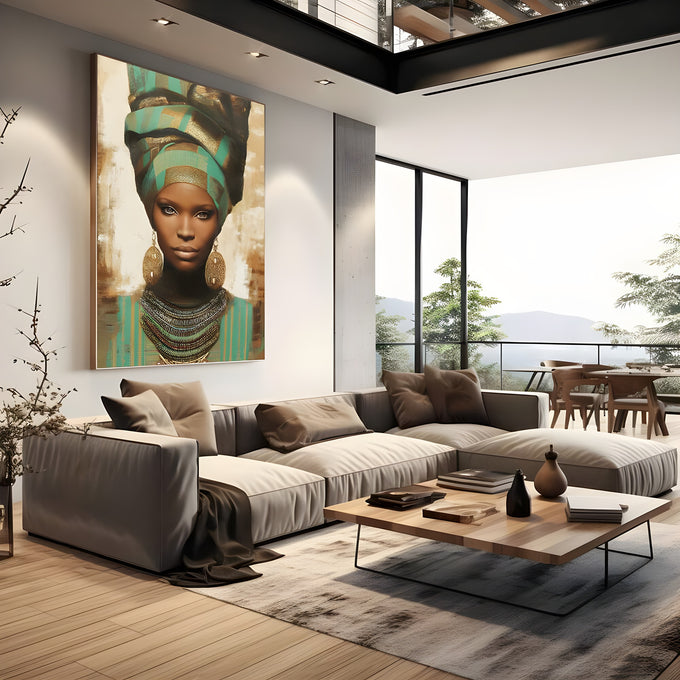 Mulher negra africana com turbante verde e dourado, brincos e colares de contas, quadro decorativo
