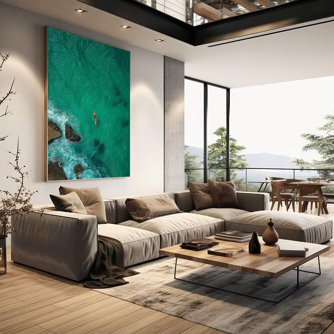 Quadro Decorativo Aventura Azul do Oceano | quadros decorativos | Kayak amarelo em águas turquesas com rochas escuras vista aérea | em Quadros para Escritorio | Porao dos Quadros