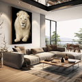 Quadro Decorativo Majestoso Leão | quadros decorativos | Leão branco majestoso com juba volumosa, olhos azuis, composição frontal realista em preto e branco. | em Quadros para Escritorio | Porao dos Quadros